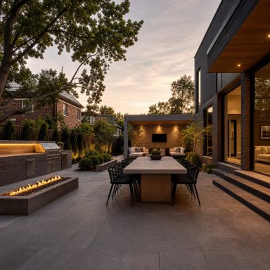 Modern backyard patio with dining area and fire feature