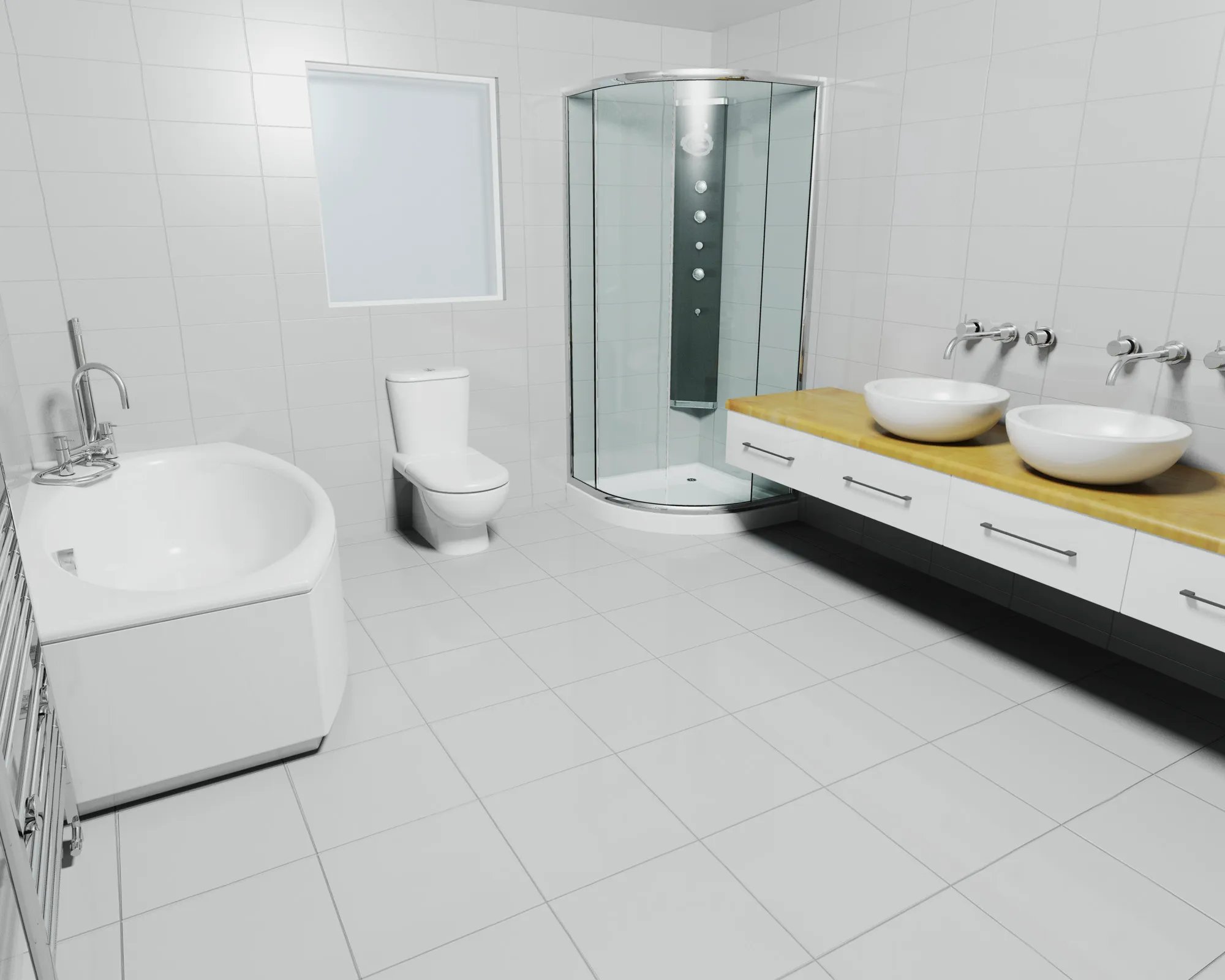 Modern bathroom featuring a shower, bathtub, and sinks.