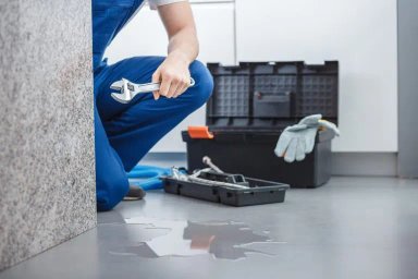 A plumber fixing a leak with a wrench, water on the floor.