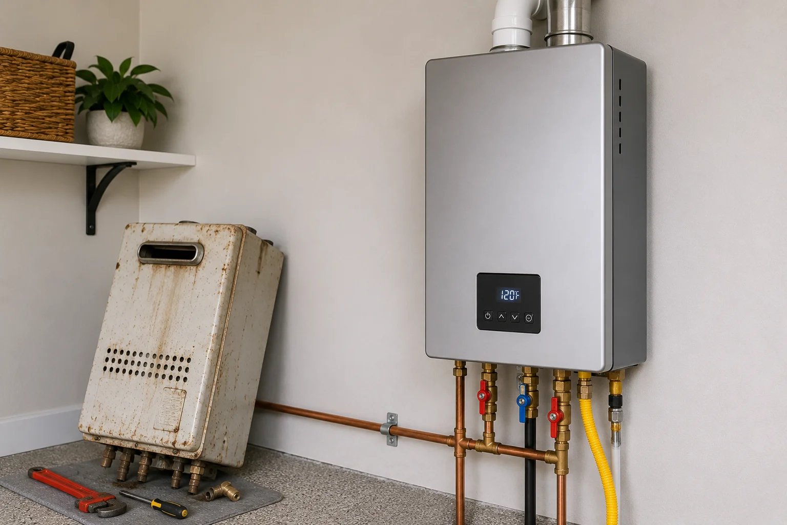 Modern tankless water heater installed on wall