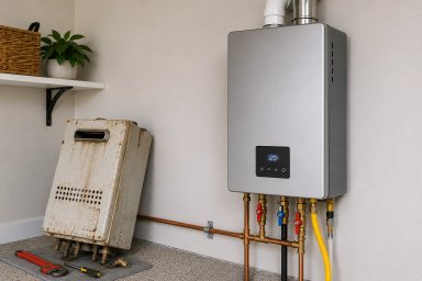 Modern tankless water heater installed on wall