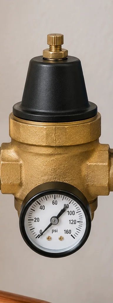 Close-up of a pressure regulator valve in plumbing system