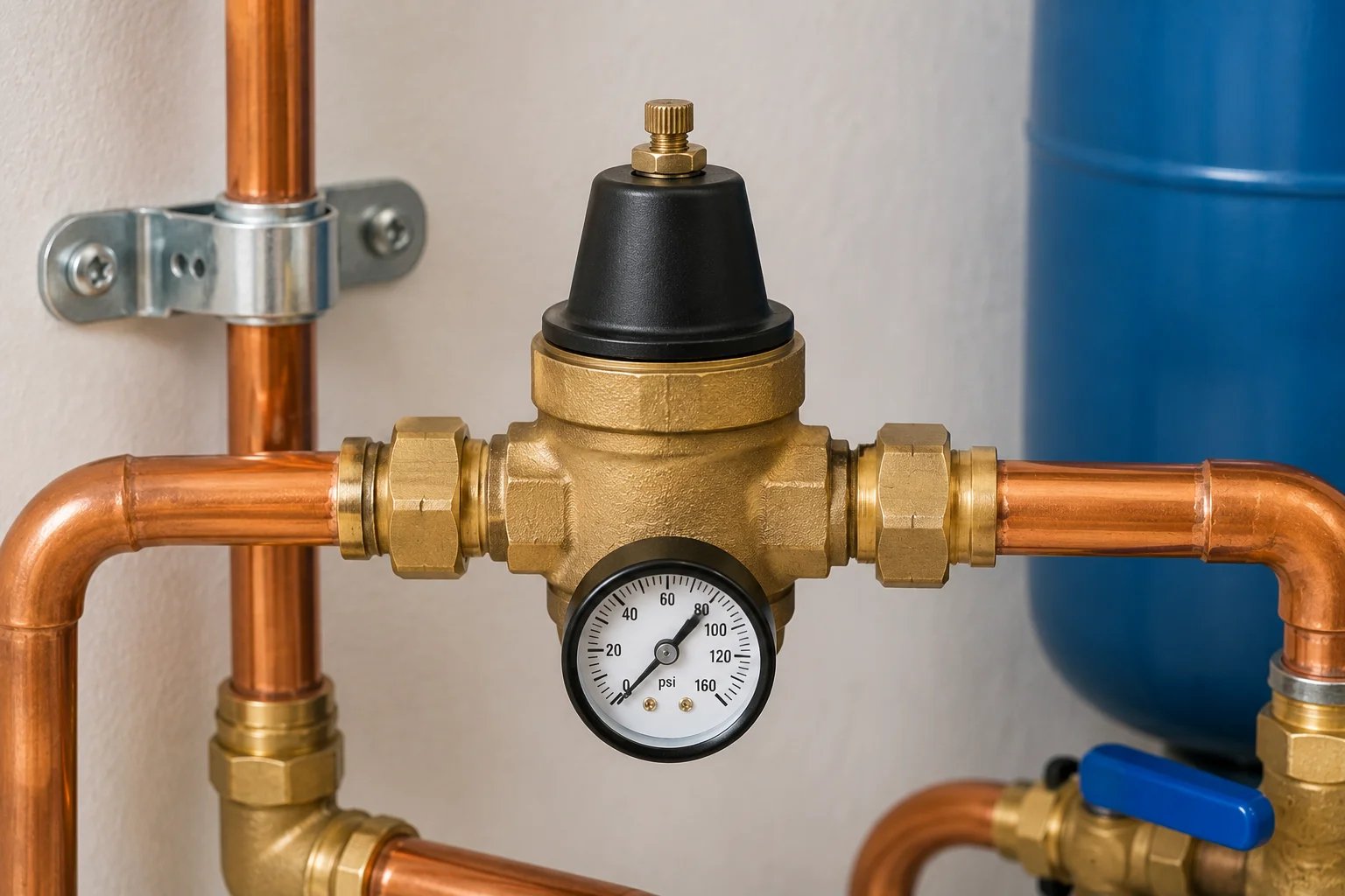 Close-up of a pressure regulator valve in plumbing system