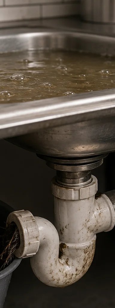 Clogged kitchen sink with brown murky water