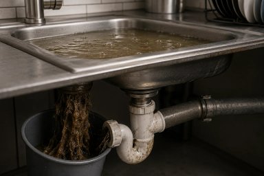 Clogged kitchen sink with brown murky water