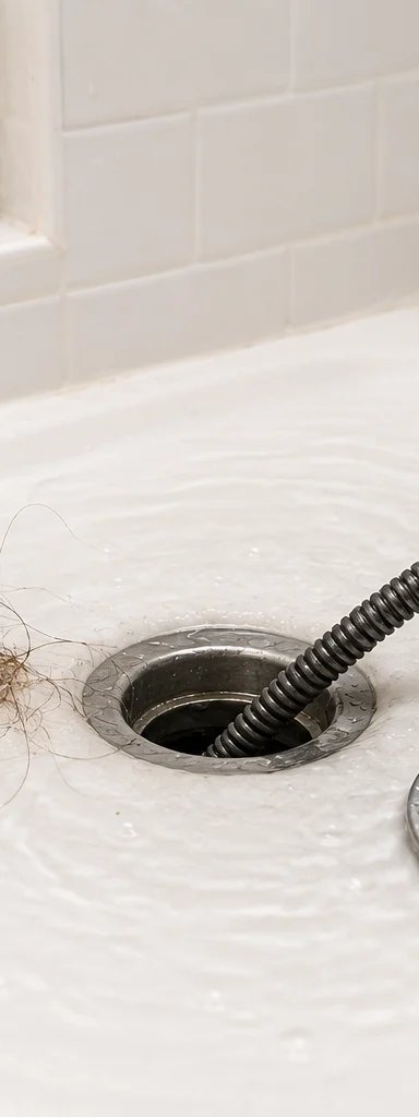 Clogged drain with hair and plumbing tool