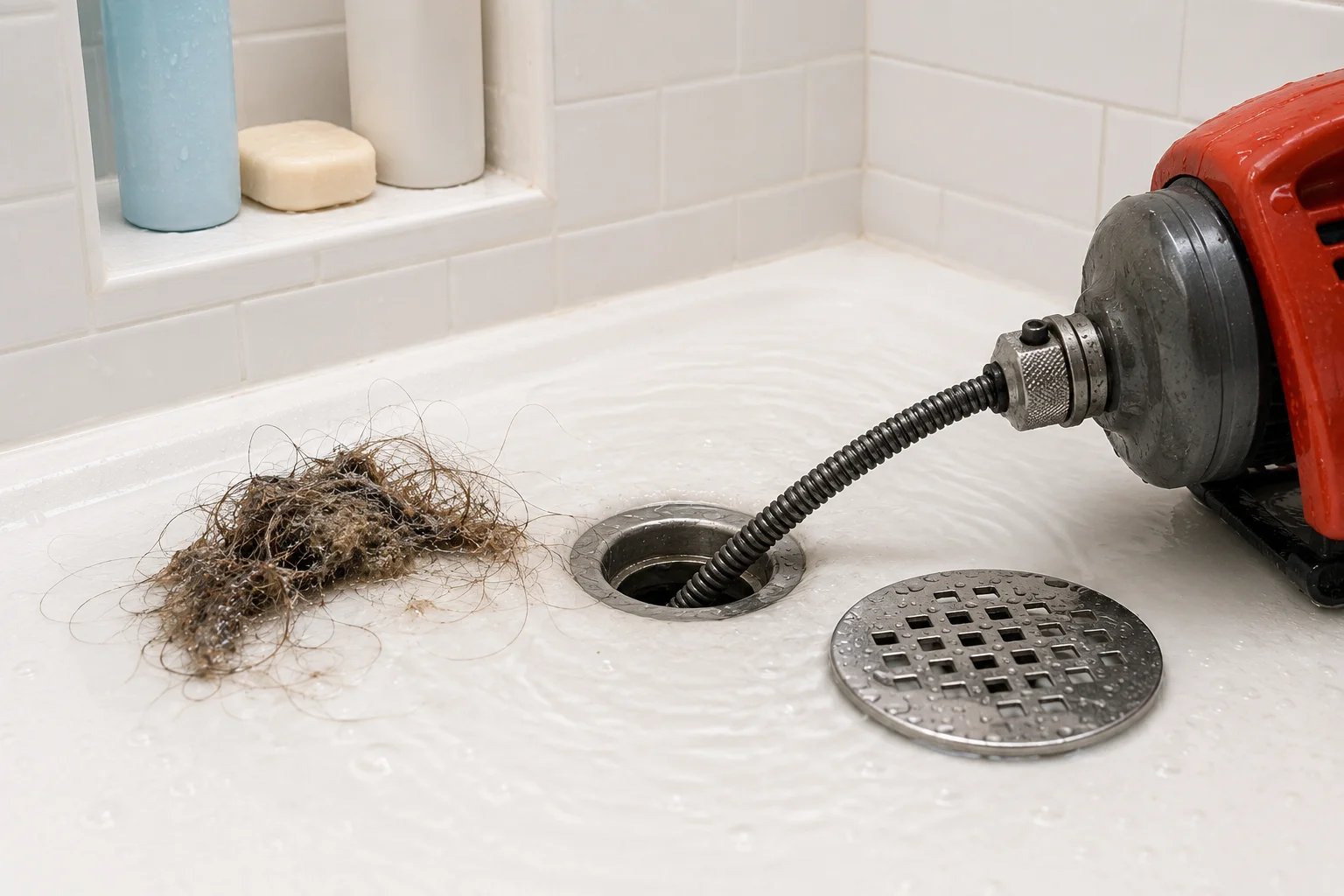 Clogged drain with hair and plumbing tool