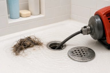 Clogged drain with hair and plumbing tool