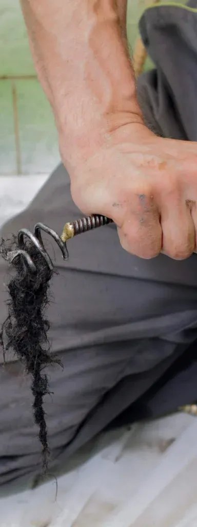 Plumber cleaning drain with snake tool