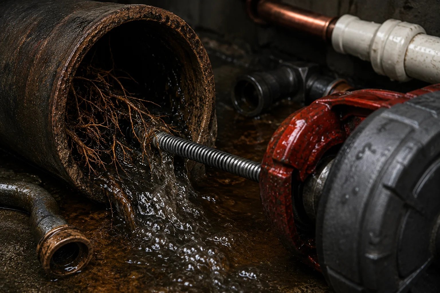 A clogged pipe showing roots and water flow.