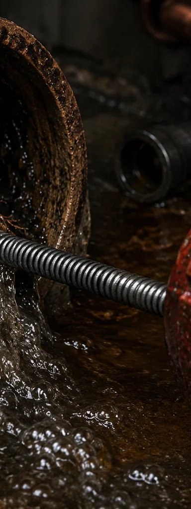 A clogged pipe showing roots and water flow.
