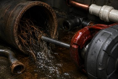 A clogged pipe showing roots and water flow.