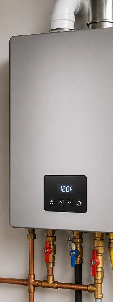 Modern tankless water heater mounted on a wall