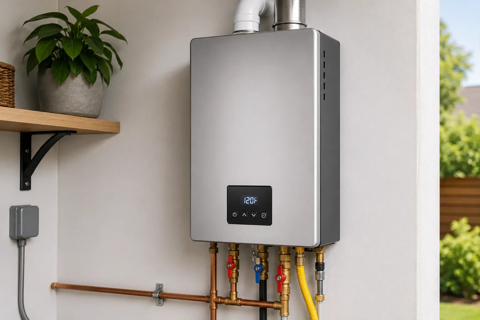 Modern tankless water heater mounted on a wall