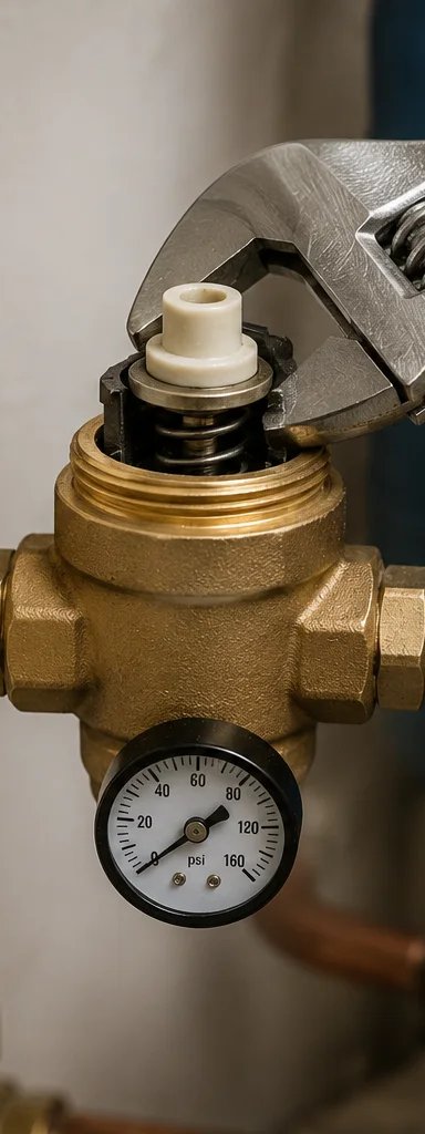 Worker adjusting a plumbing valve with an adjustable wrench