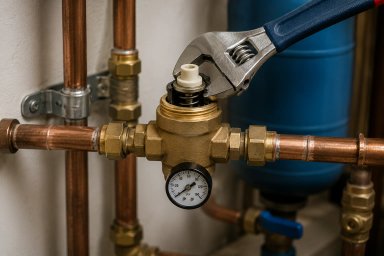 Worker adjusting a plumbing valve with an adjustable wrench