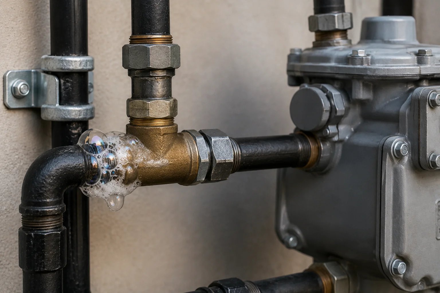 Close-up of a gas line connection with bubbles.