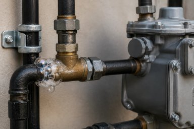 Close-up of a gas line connection with bubbles.