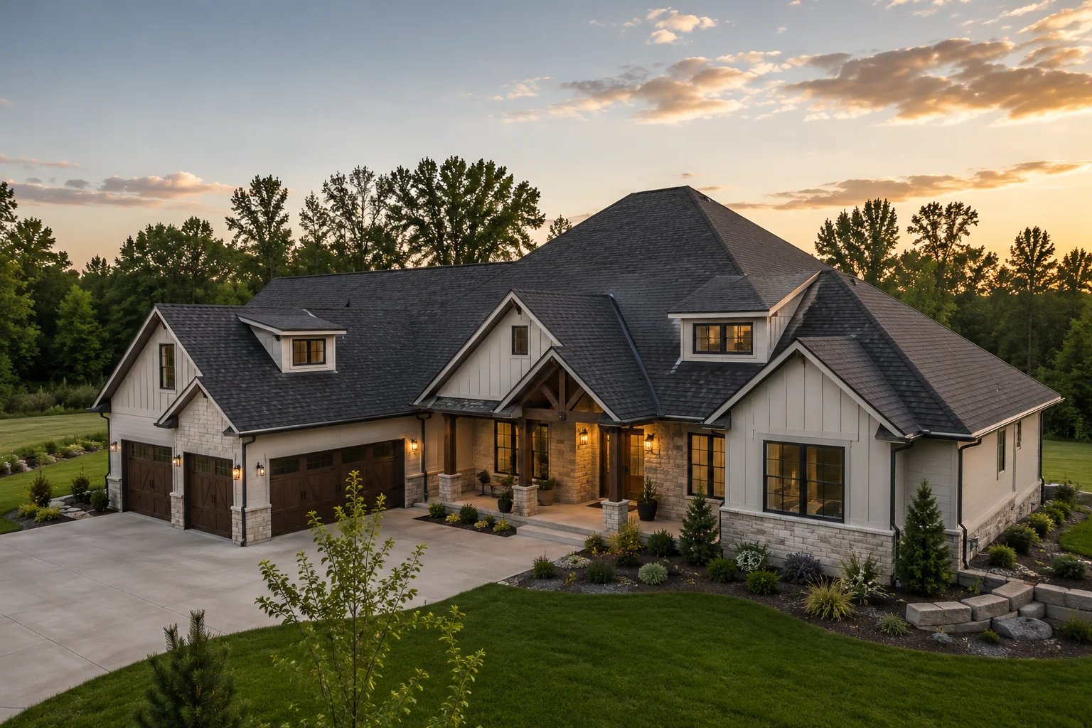 A stunning modern house surrounded by lush greenery at sunset.