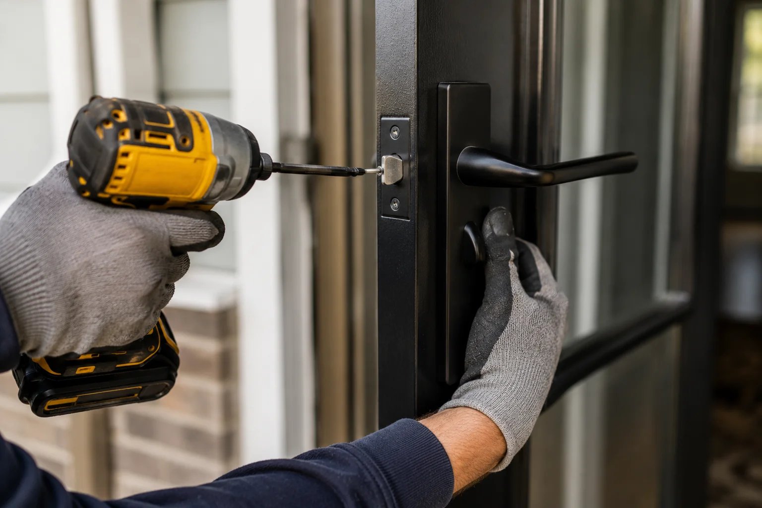 Person installing a door handle with a power drill.