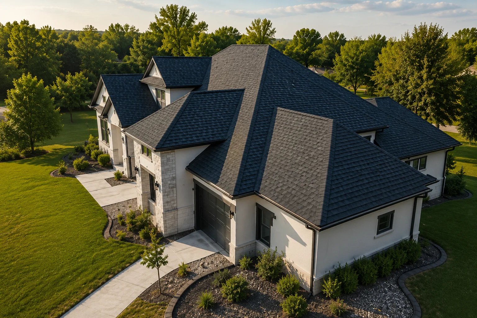 Aerial view of a modern home with a black shingled roof and landscaped yard.