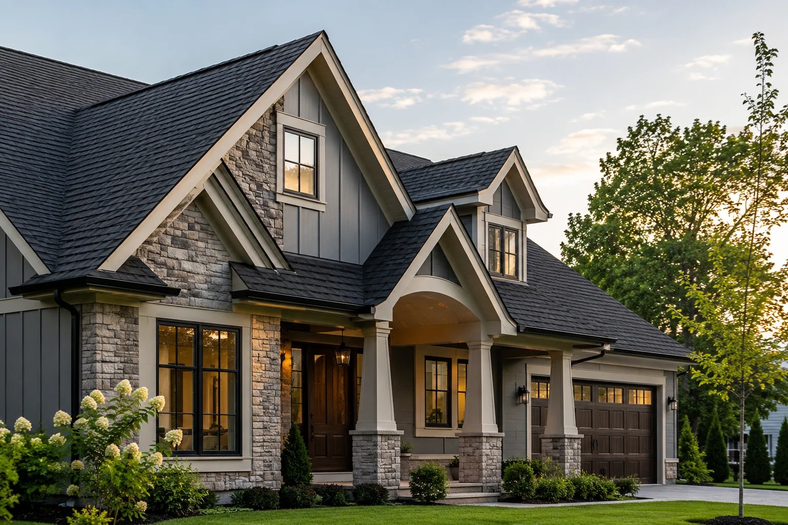 Elegant modern home with stone accents and lush landscaping