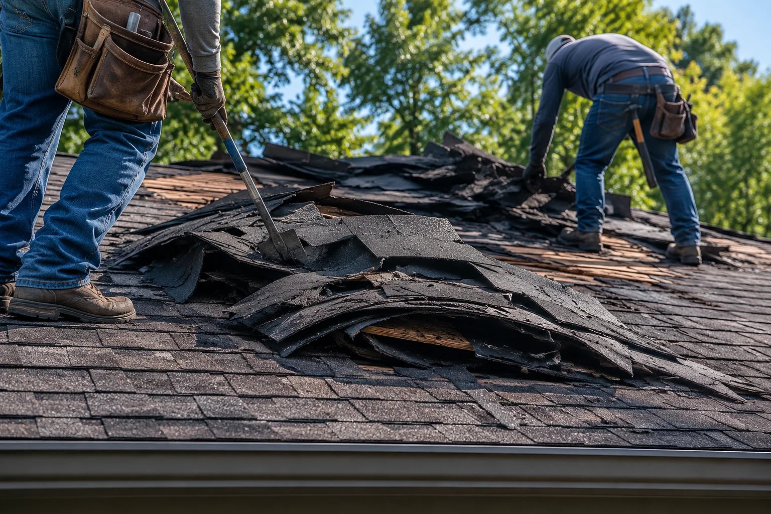Roof repair in progress with workers removing shingles.