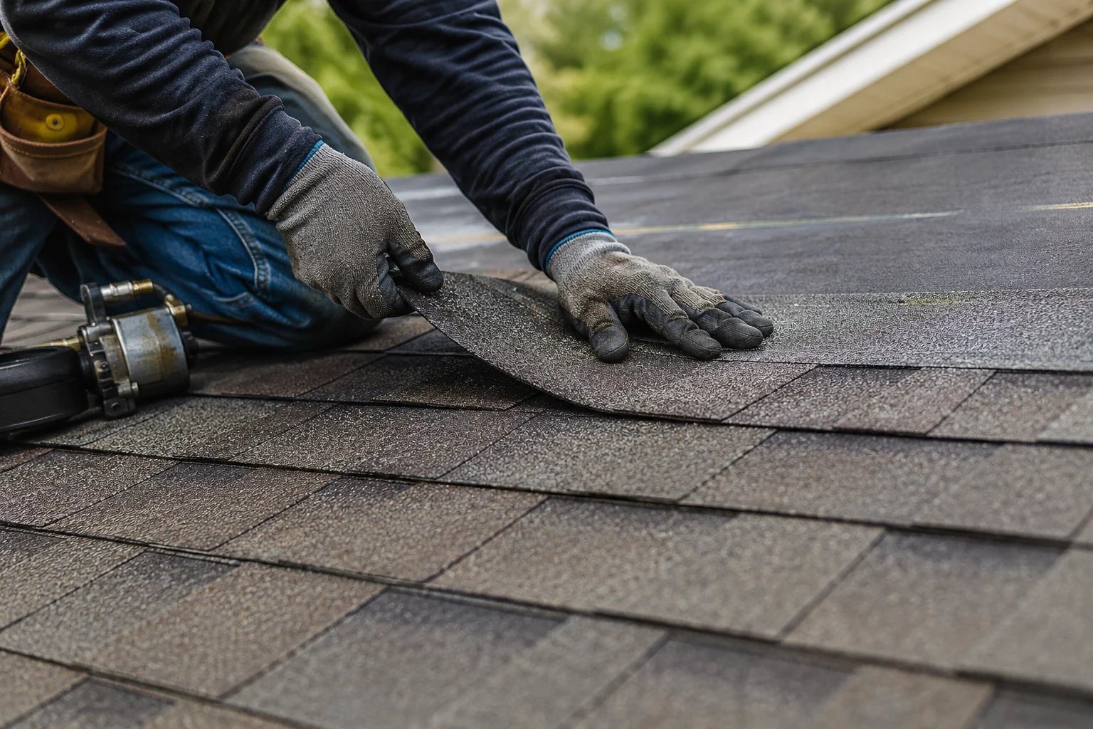 Roofer installing shingles on a residential roof