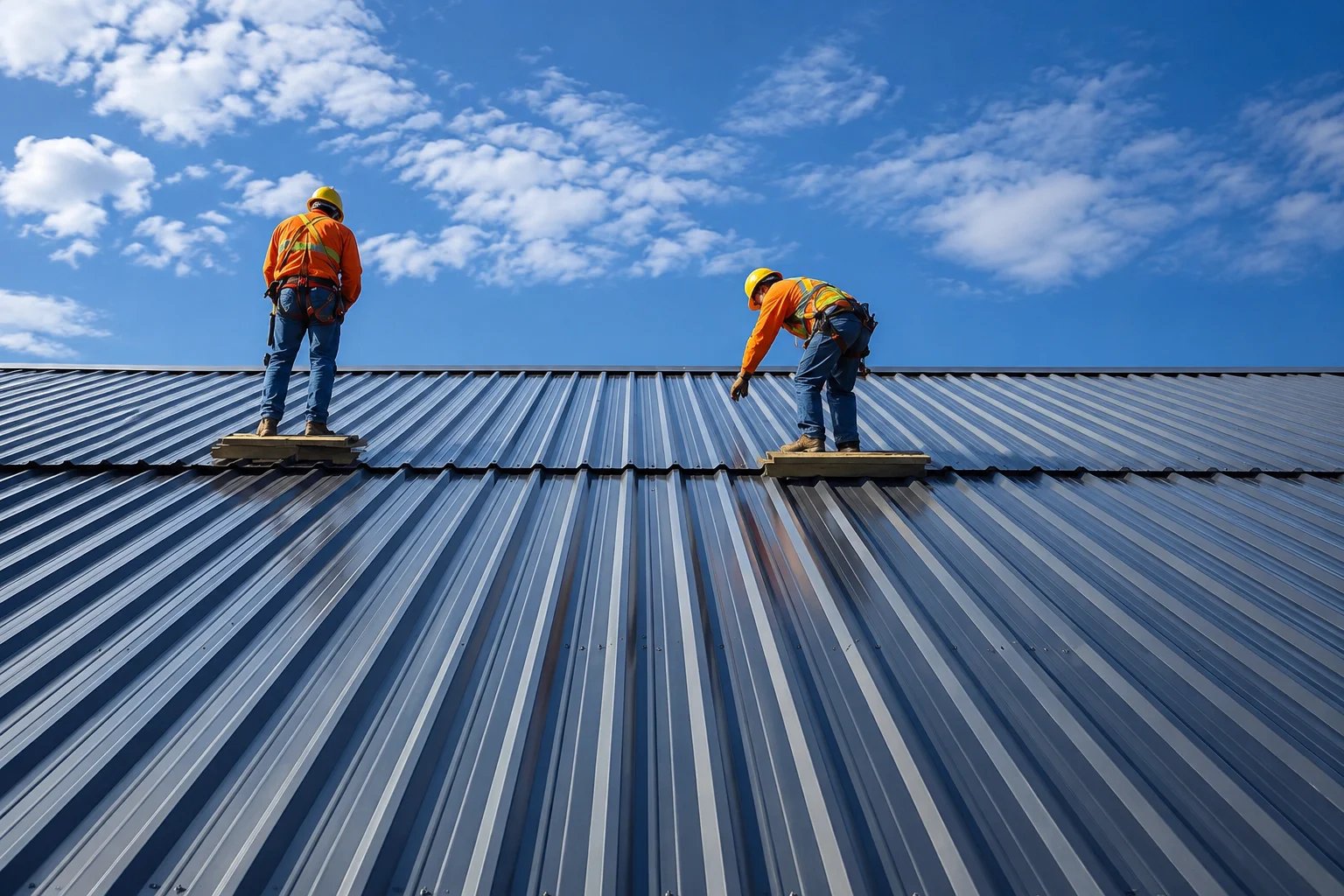 Two construction workers installing roof panels under blue sky