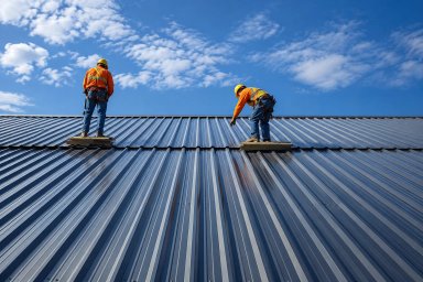 Two construction workers installing roof panels under blue sky