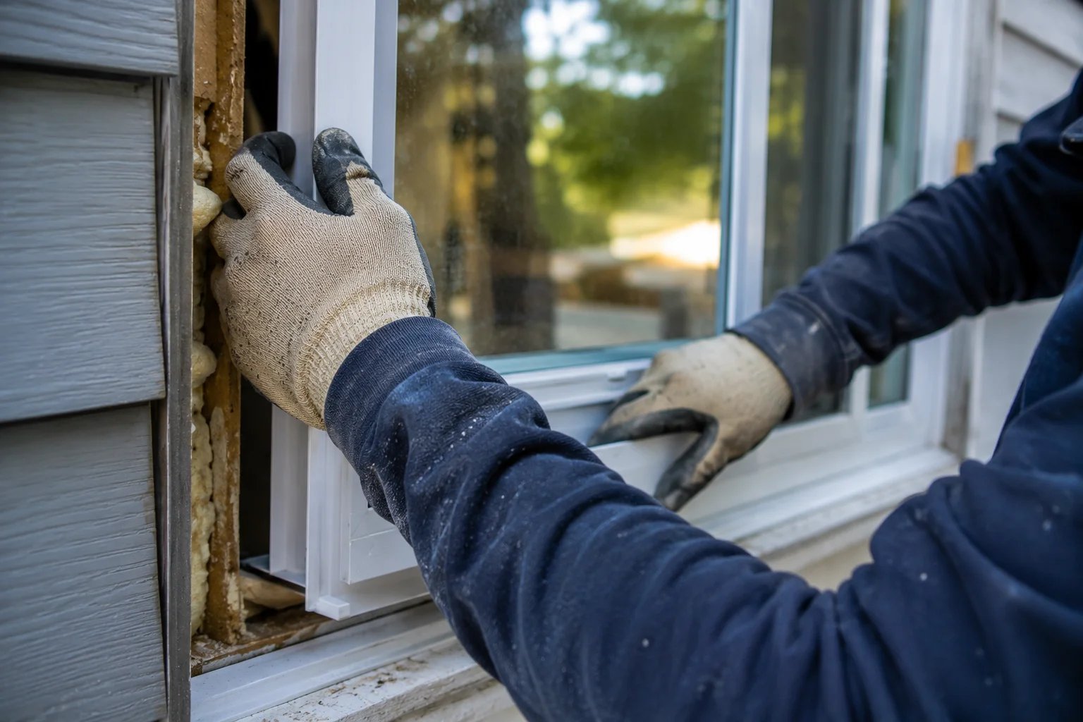 Person installing a window in a house