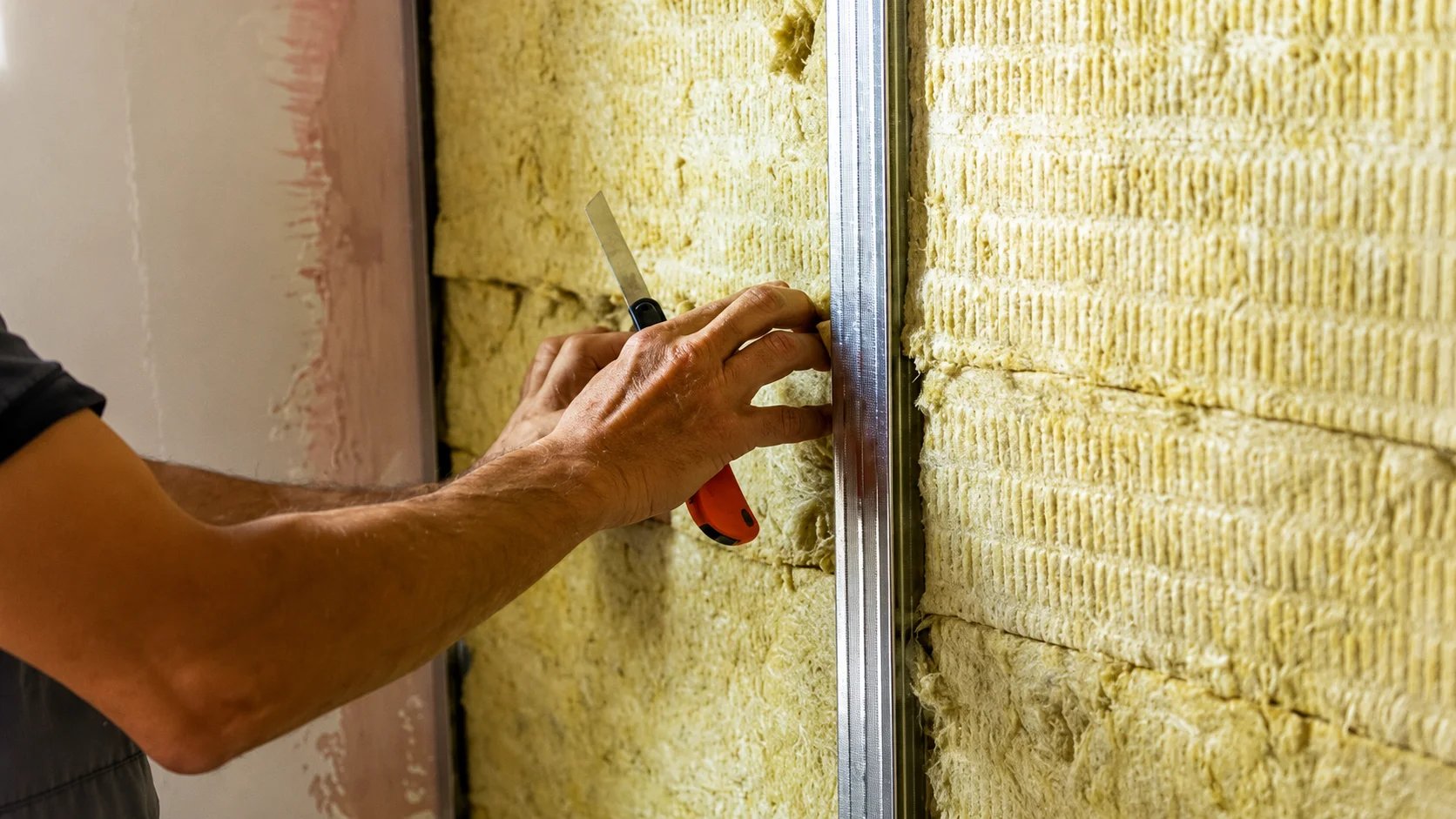 A worker installing insulation in a wall