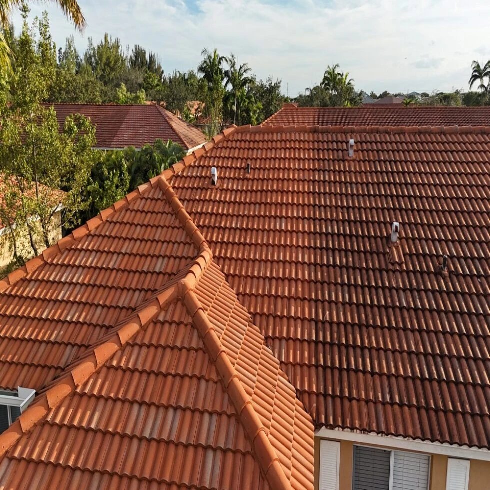 Aerial view of terracotta tile roofs in a residential area.