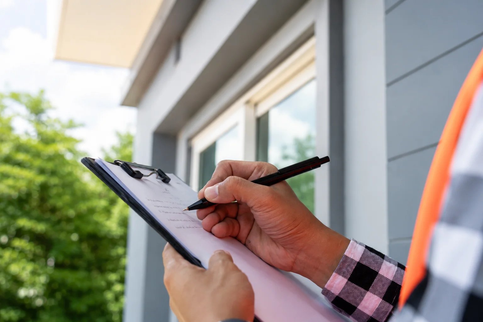 A construction worker holding a clipboard and pen.