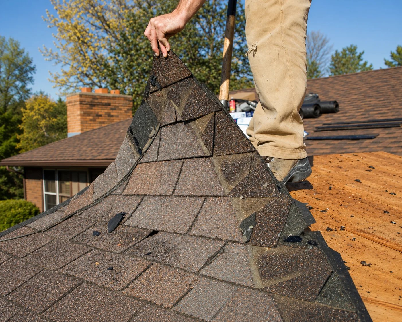 Person replacing shingles on a roof