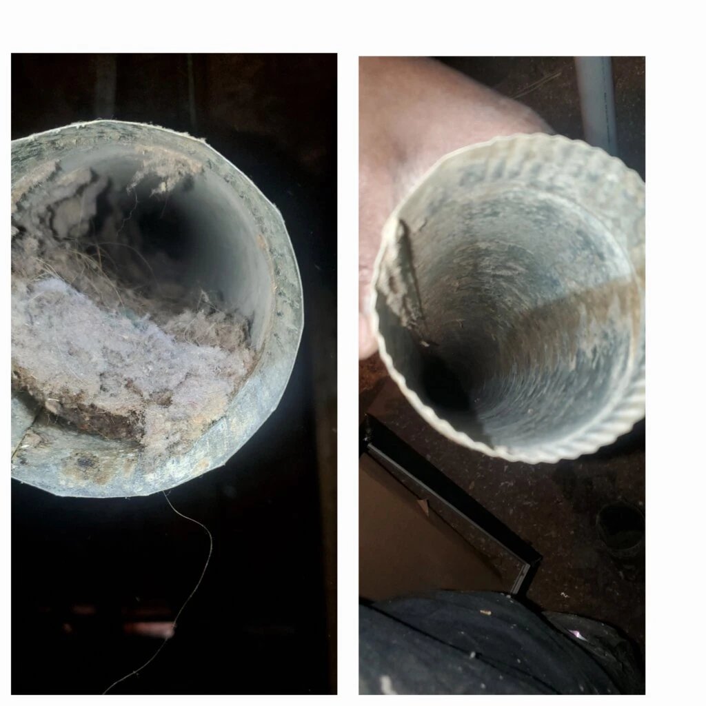 Close-up of a clogged duct showing debris and dirt inside
