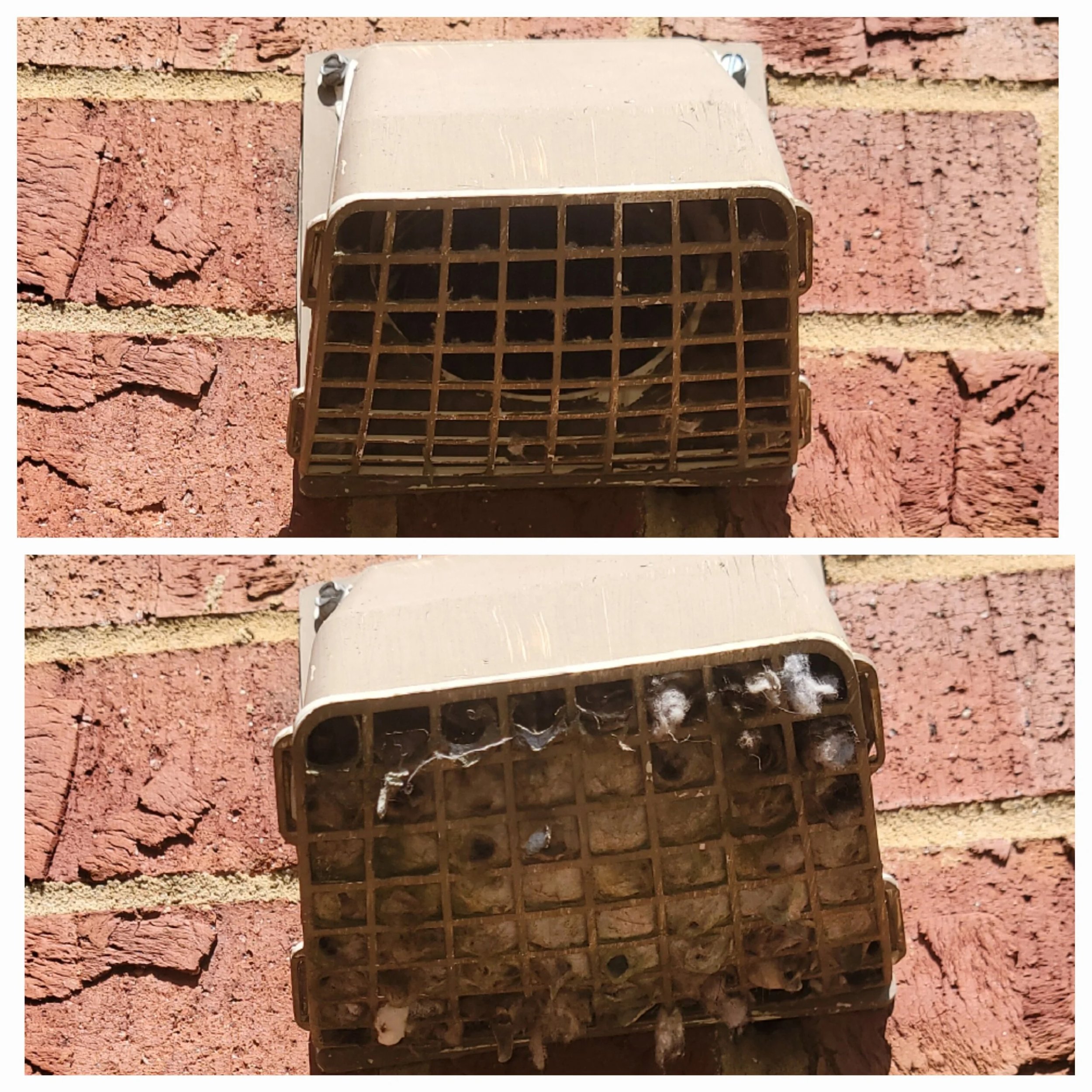 Dirty vent cover on a brick wall