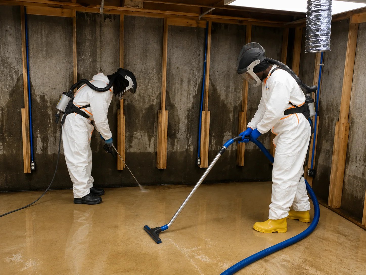Two workers performing floor cleaning in protective gear.