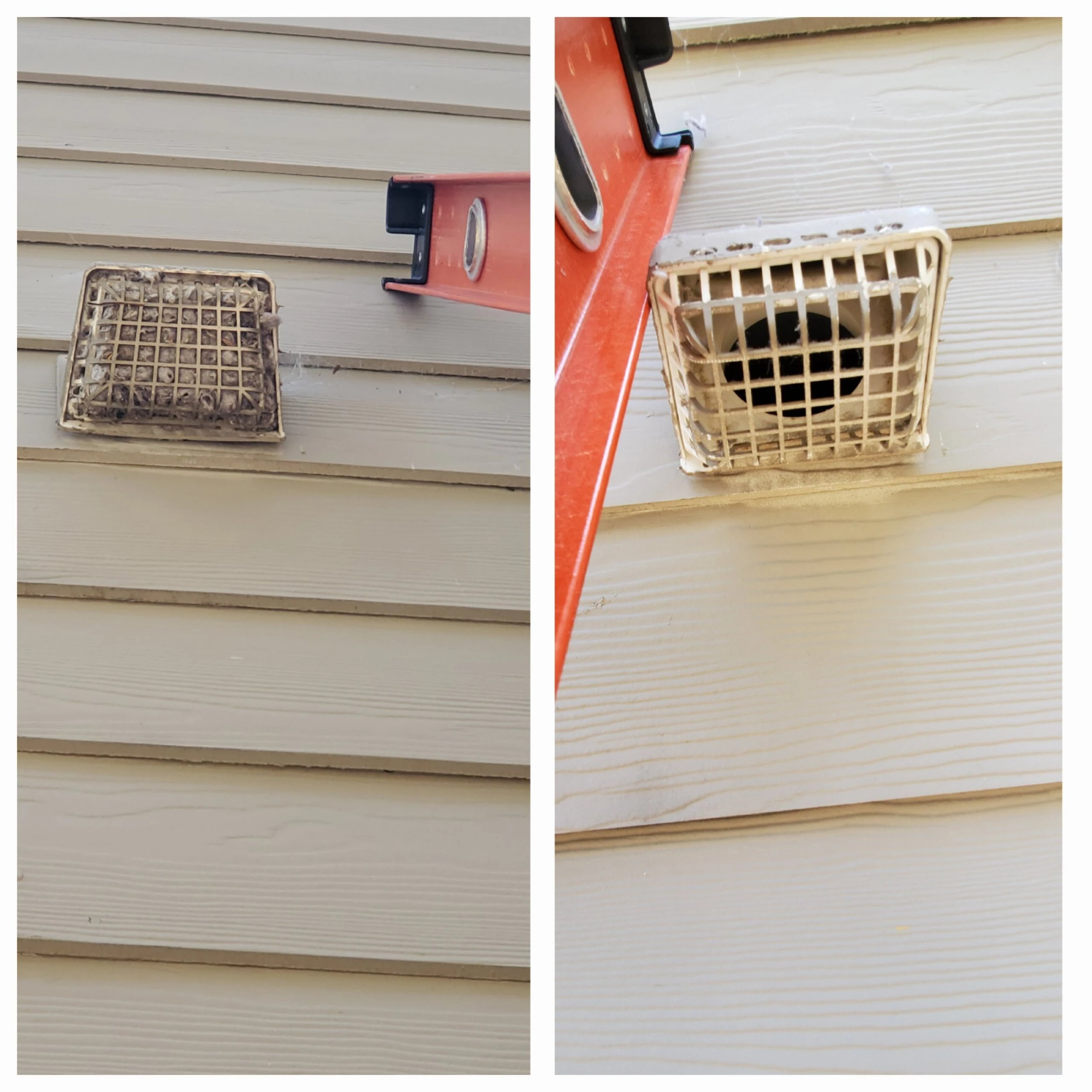 Before and after images of a clean vent on a house exterior