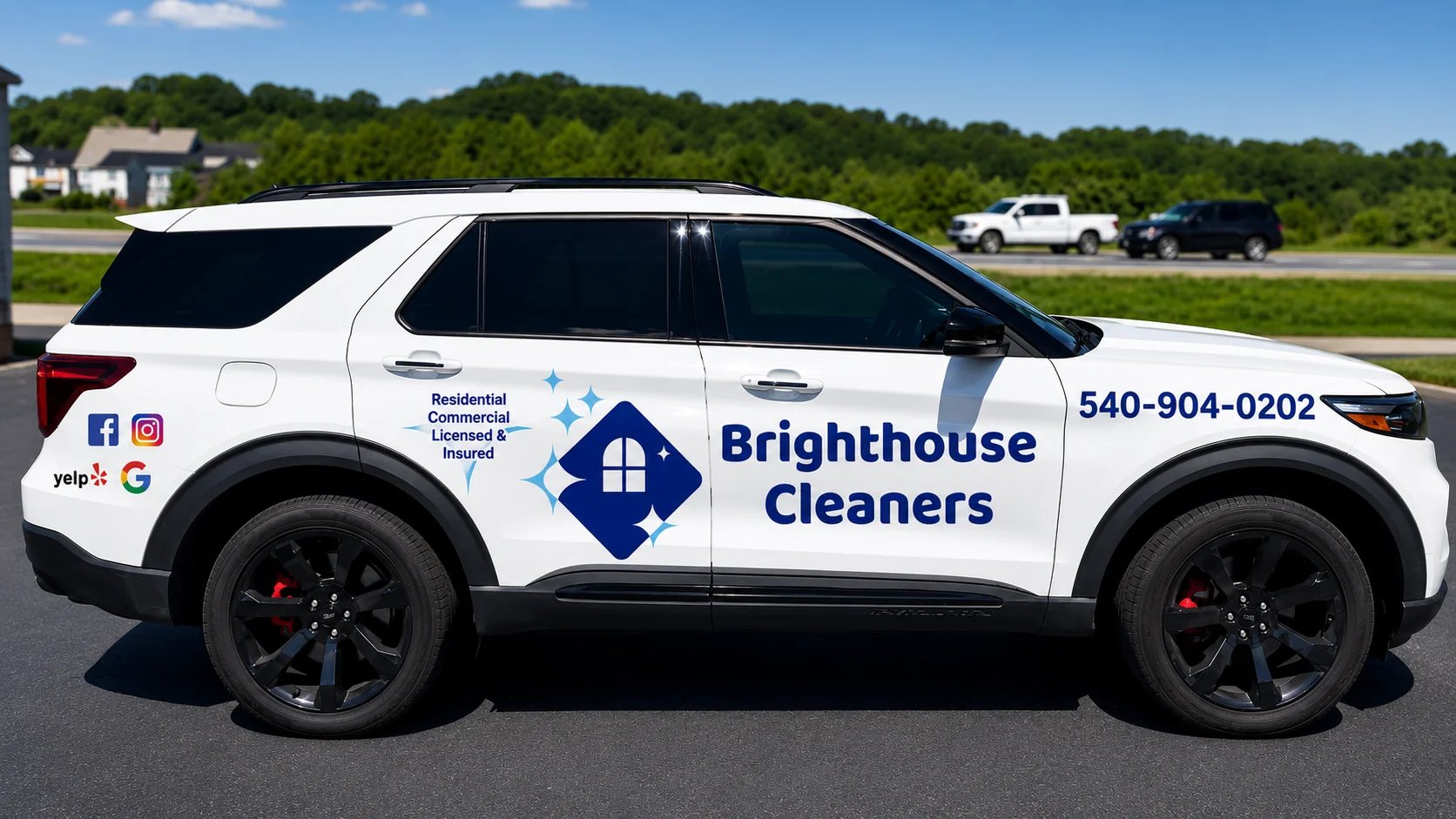 Brighthouse Cleaners vehicle with branding and contact information