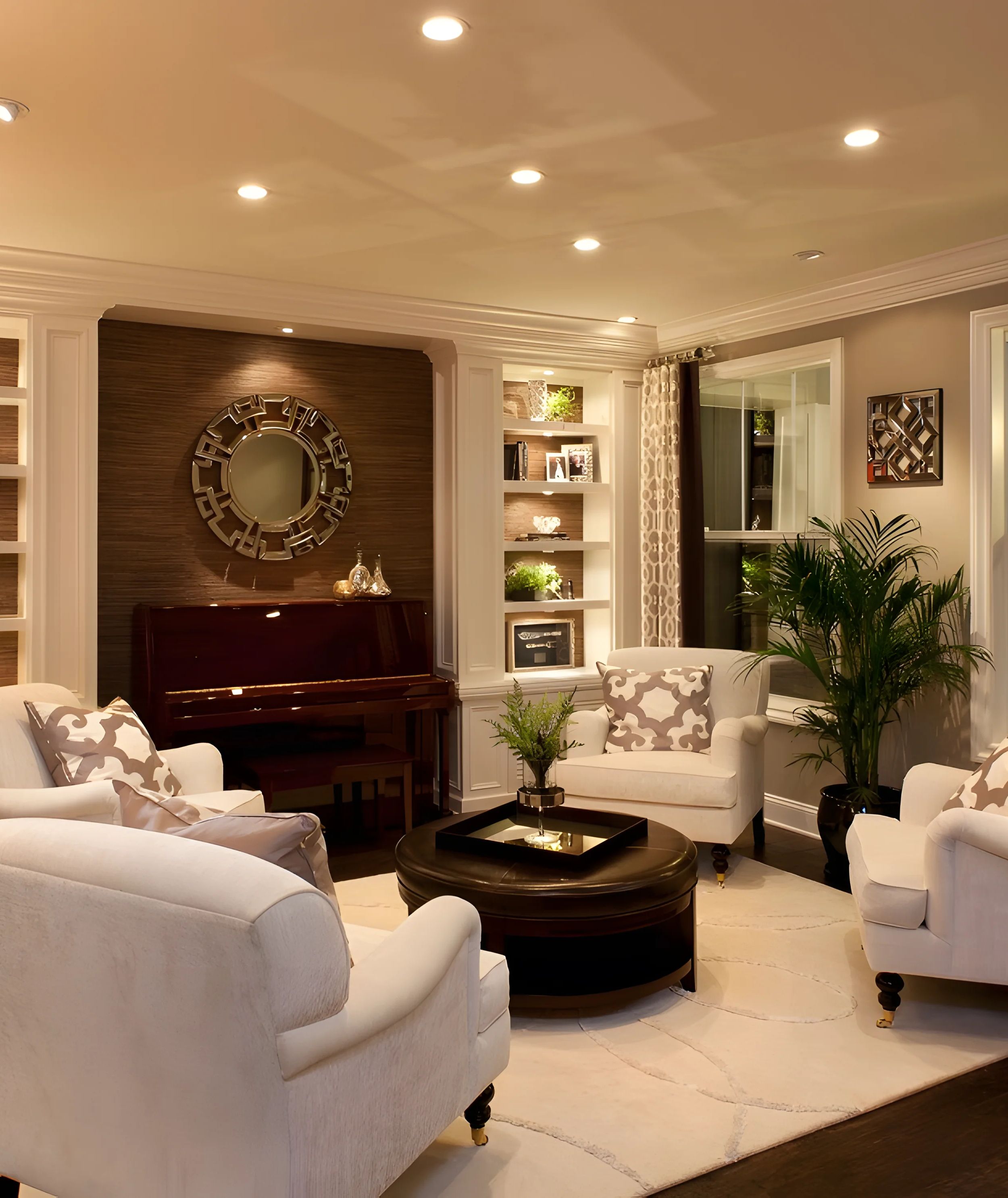 Elegant living room with white furniture and piano