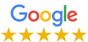 Google logo with five gold stars rating
