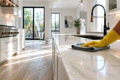 Cleaning a modern kitchen countertop with a cloth
