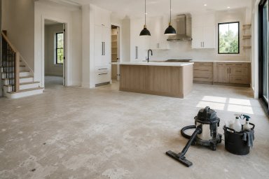 Modern kitchen interior with cleaning equipment