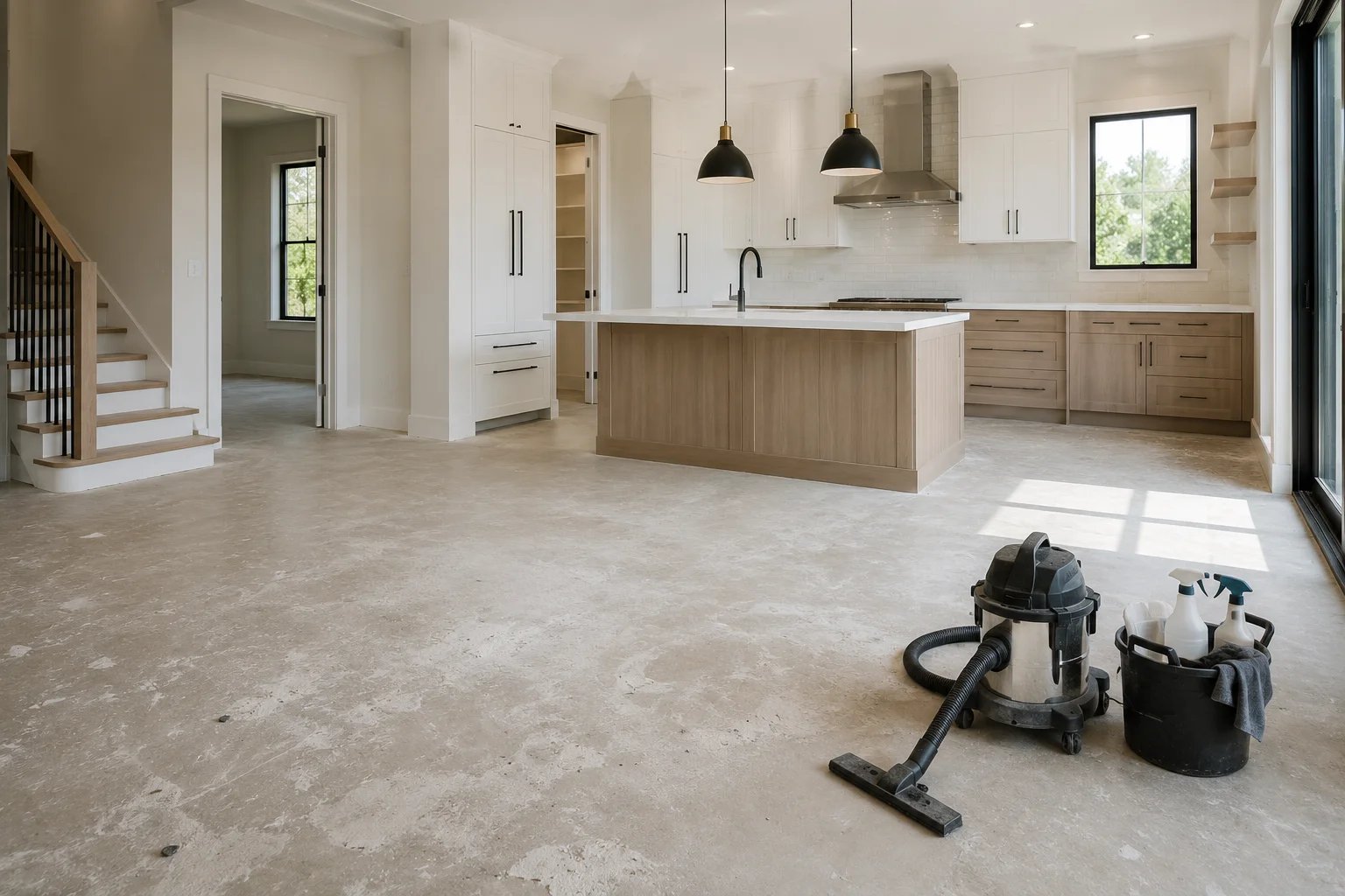 Modern kitchen interior with cleaning equipment
