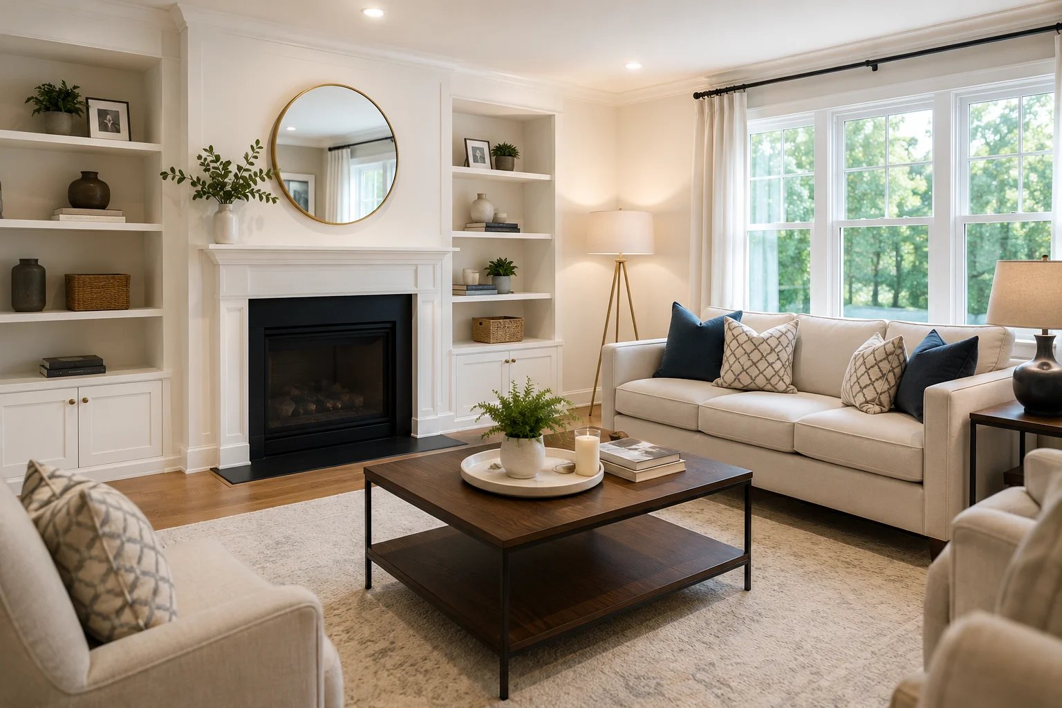 Modern living room with elegant decor and natural light
