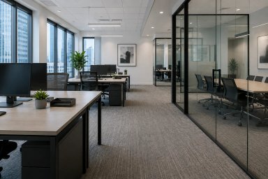 Modern office interior with desks and glass partitions