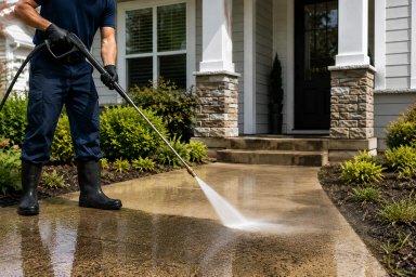 Man using power washer on concrete patio at home