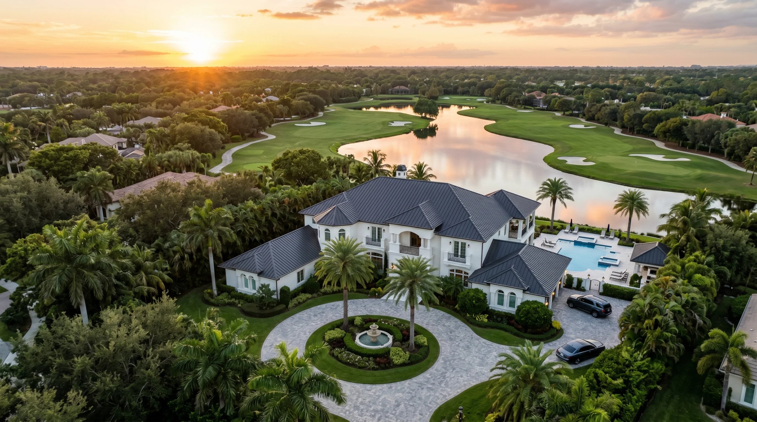 Aerial view of a luxury house at sunset near a lake.