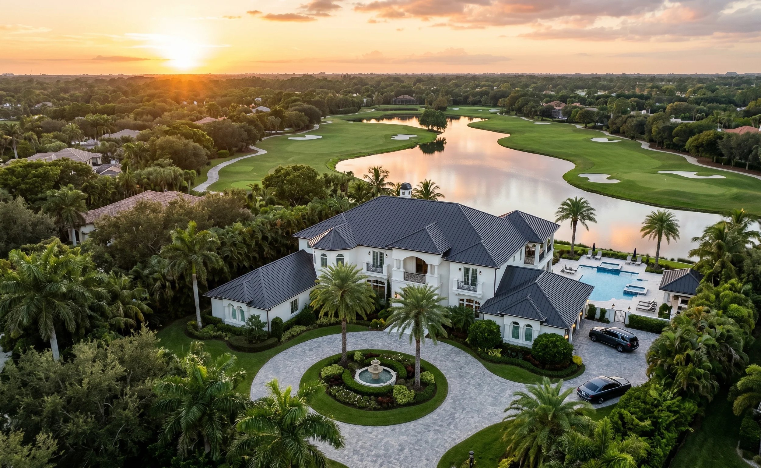 Aerial view of a luxury house at sunset near a lake.